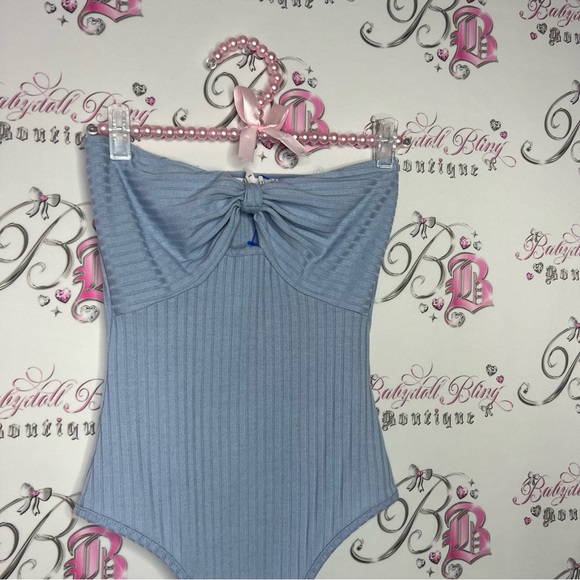 Urban heritage strapless tube top bodysuit baby blue cotton candy ribbed bow tie - Picture 2 of 6